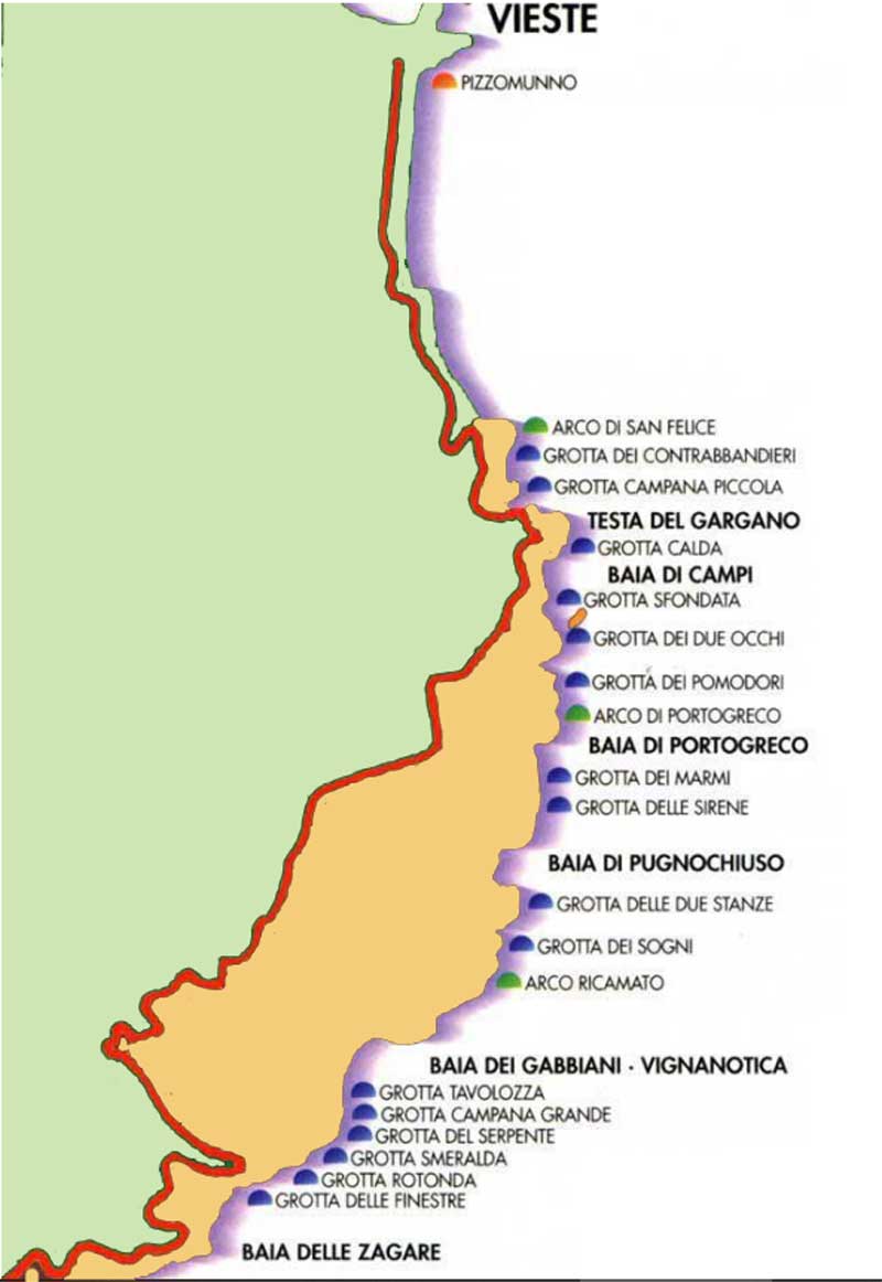 Mappa delle grotte costiere di Vieste